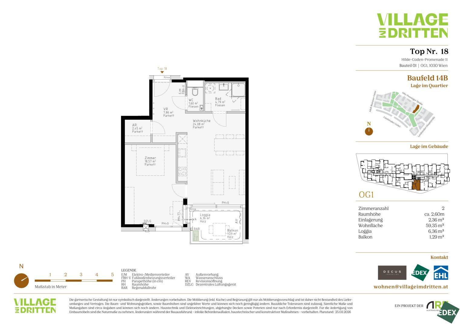 Grundriss der Wohnung Top 18 mit Schlafzimmer, Bad, WC, Wohnbereich, Loggia und Balkon.
