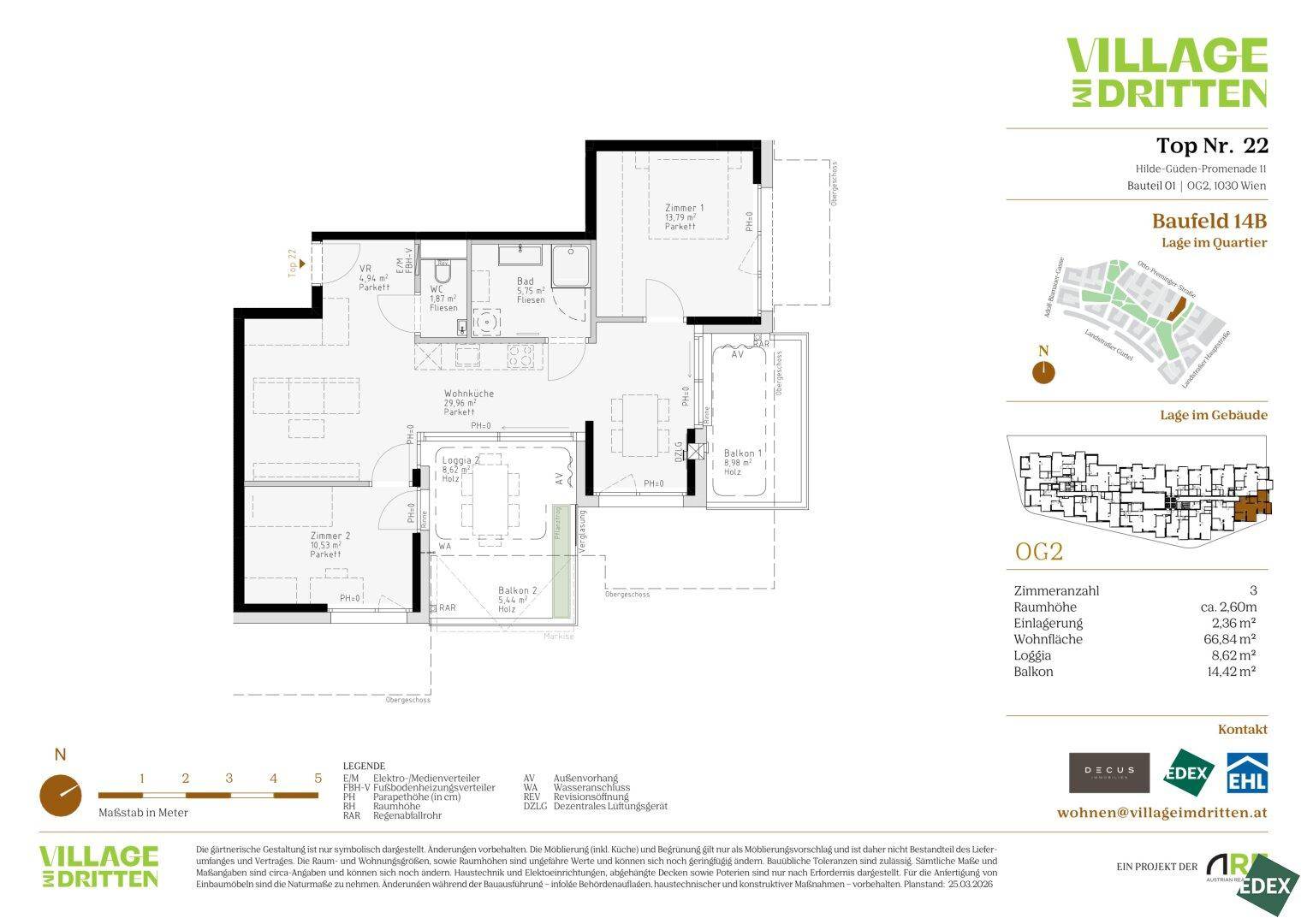 Grundriss einer 3-Zimmer-Wohnung mit offener Wohnküche, zwei Bädern, Abstellraum, Loggia und zwei Balkonen.