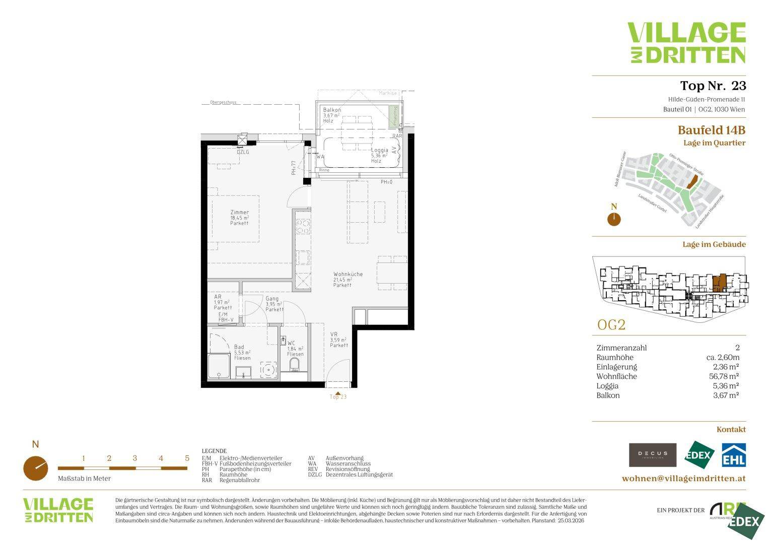Grundriss einer Wohnung mit Loggia und Balkon, inklusive Raumaufteilung und Maßen.