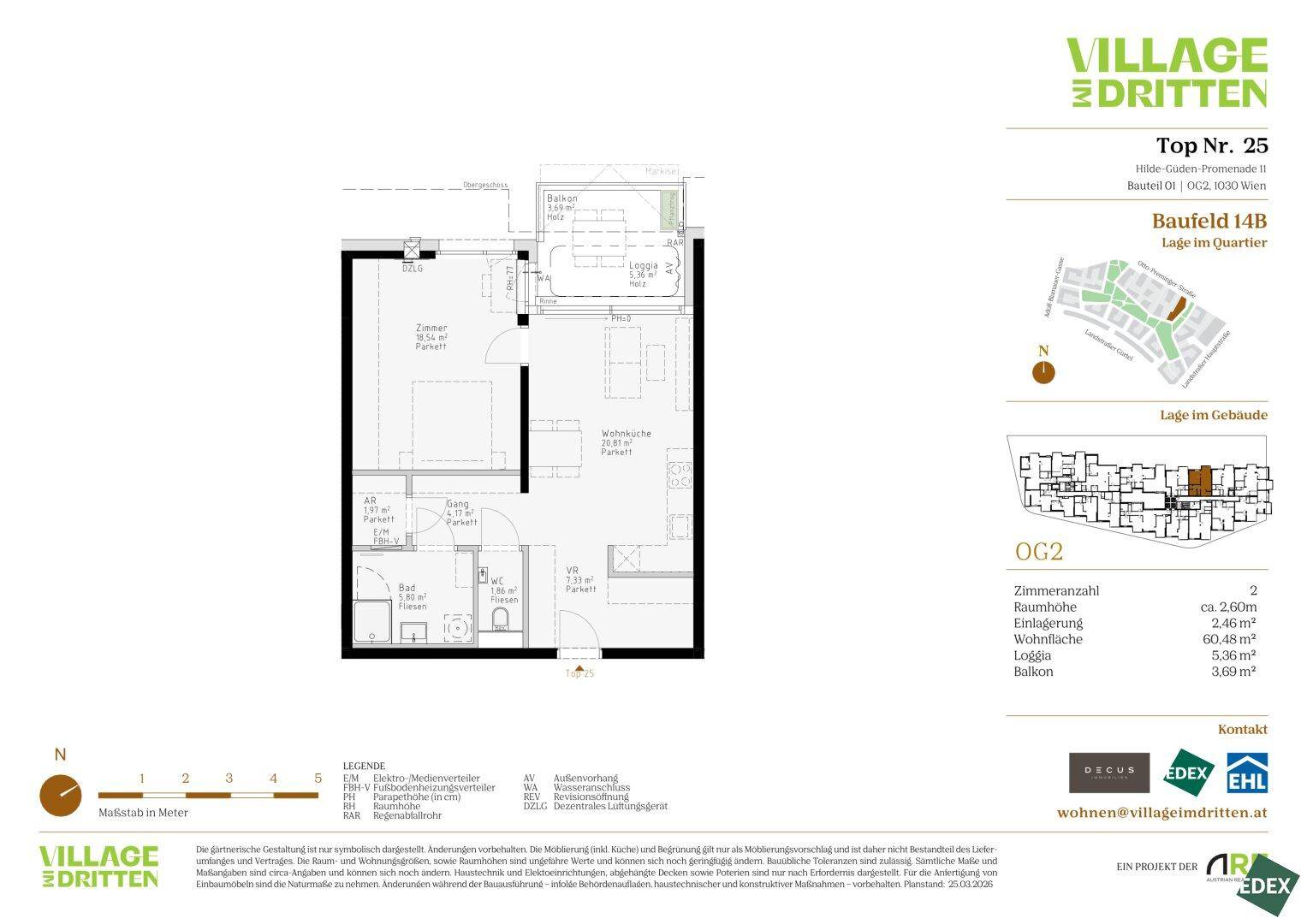 Grundriss einer Wohnung mit zwei Zimmern, offener Wohnküche, Bad, separatem WC, Loggia und Balkon.