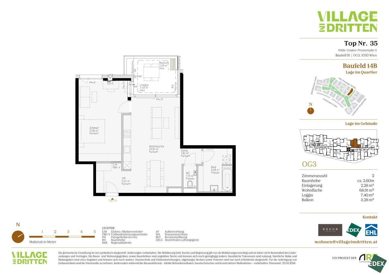Grundriss einer modernen Wohnung mit offenem Wohnbereich, einem Schlafzimmer, Bad, separatem WC, Loggia und Balkon.