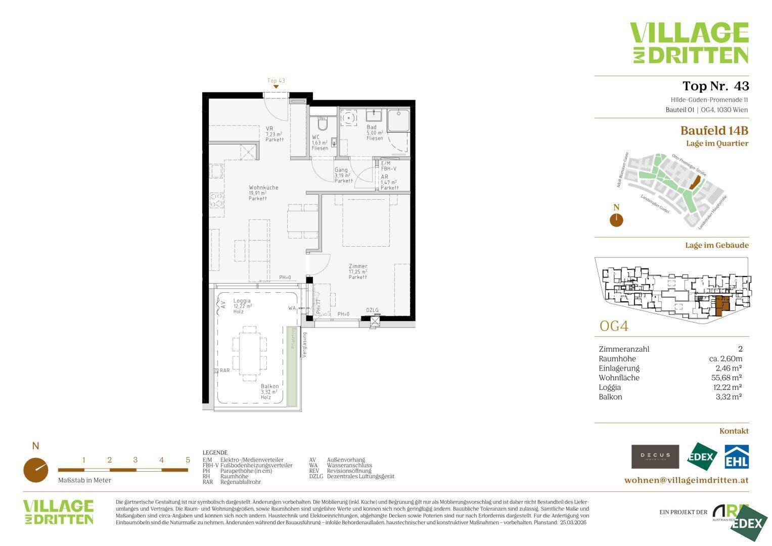 Grundriss einer Wohnung mit Wohnküche, einem Schlafzimmer, Bad, separatem WC, Loggia und Balkon.