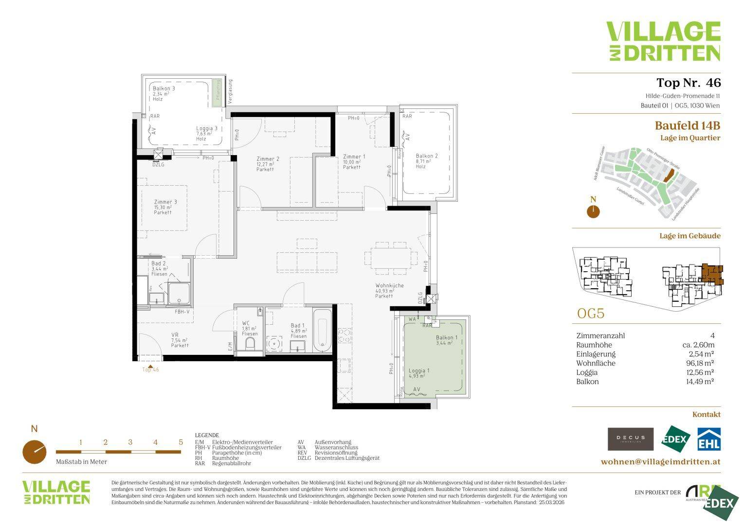 Grundriss einer Wohnung mit drei Schlafzimmern, zwei Bädern, separatem WC, offener Wohnküche und mehreren Balkonen und Loggia.