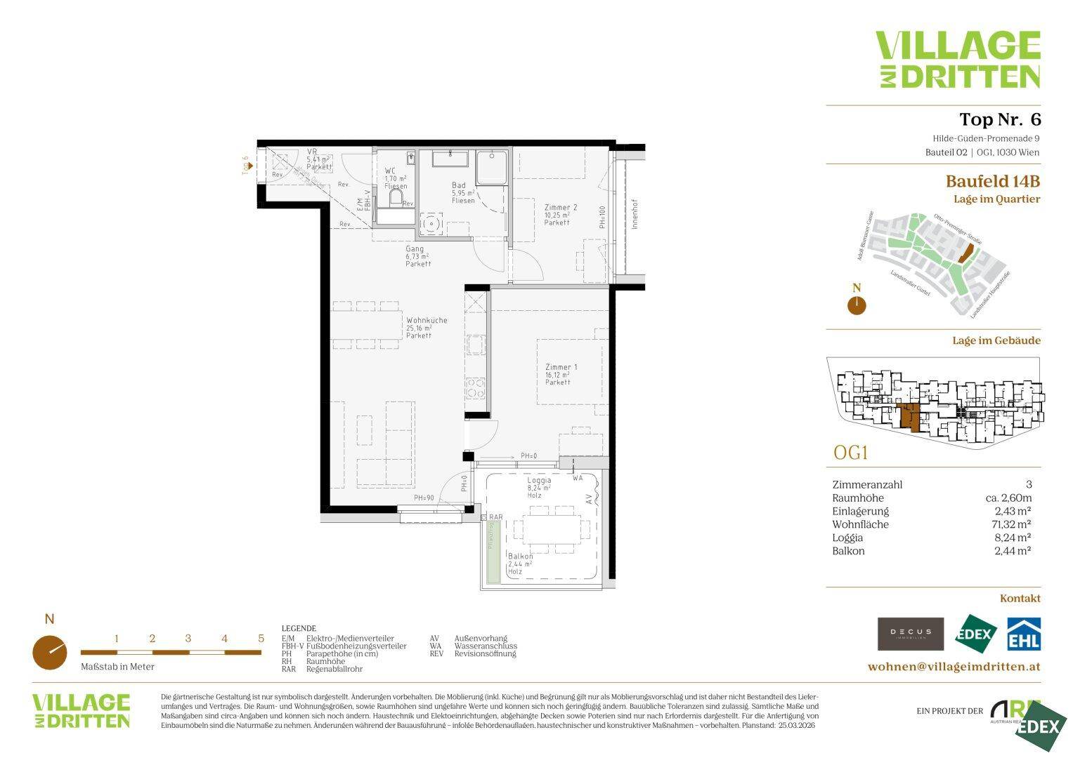 Grundrissplan einer Wohnung mit drei Zimmern, offener Wohnküche, einem Badezimmer, separatem WC, Loggia und Balkon.