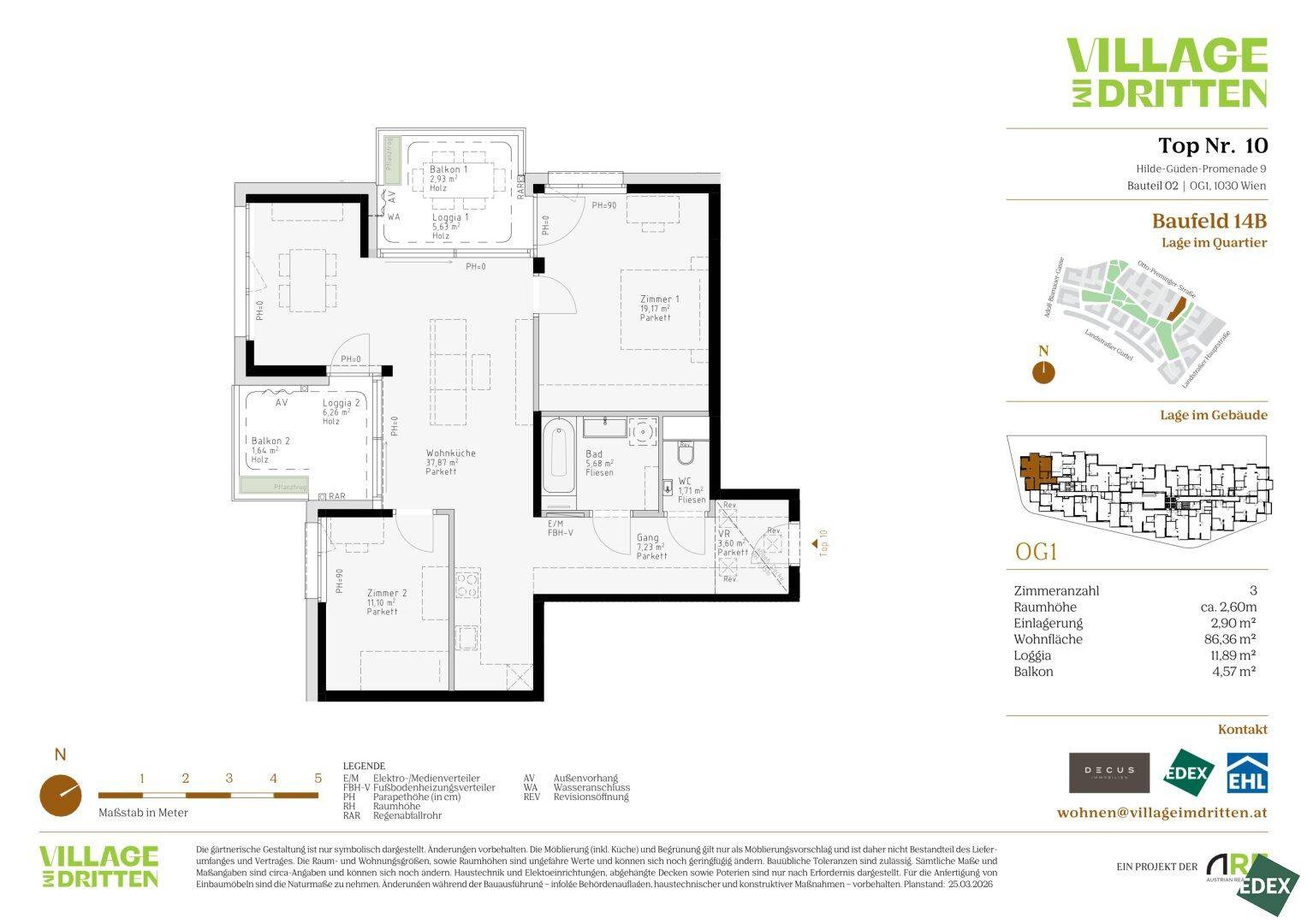 Grundriss einer 3-Zimmer-Wohnung mit offener Wohnküche, zwei Loggien und einem Balkon.