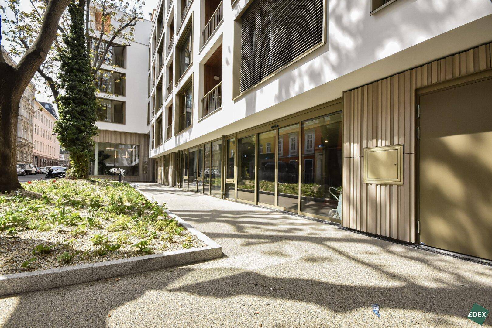 Moderne Gebäudefassade mit großen Schaufenstern und begrüntem Gehweg in urbaner Umgebung.