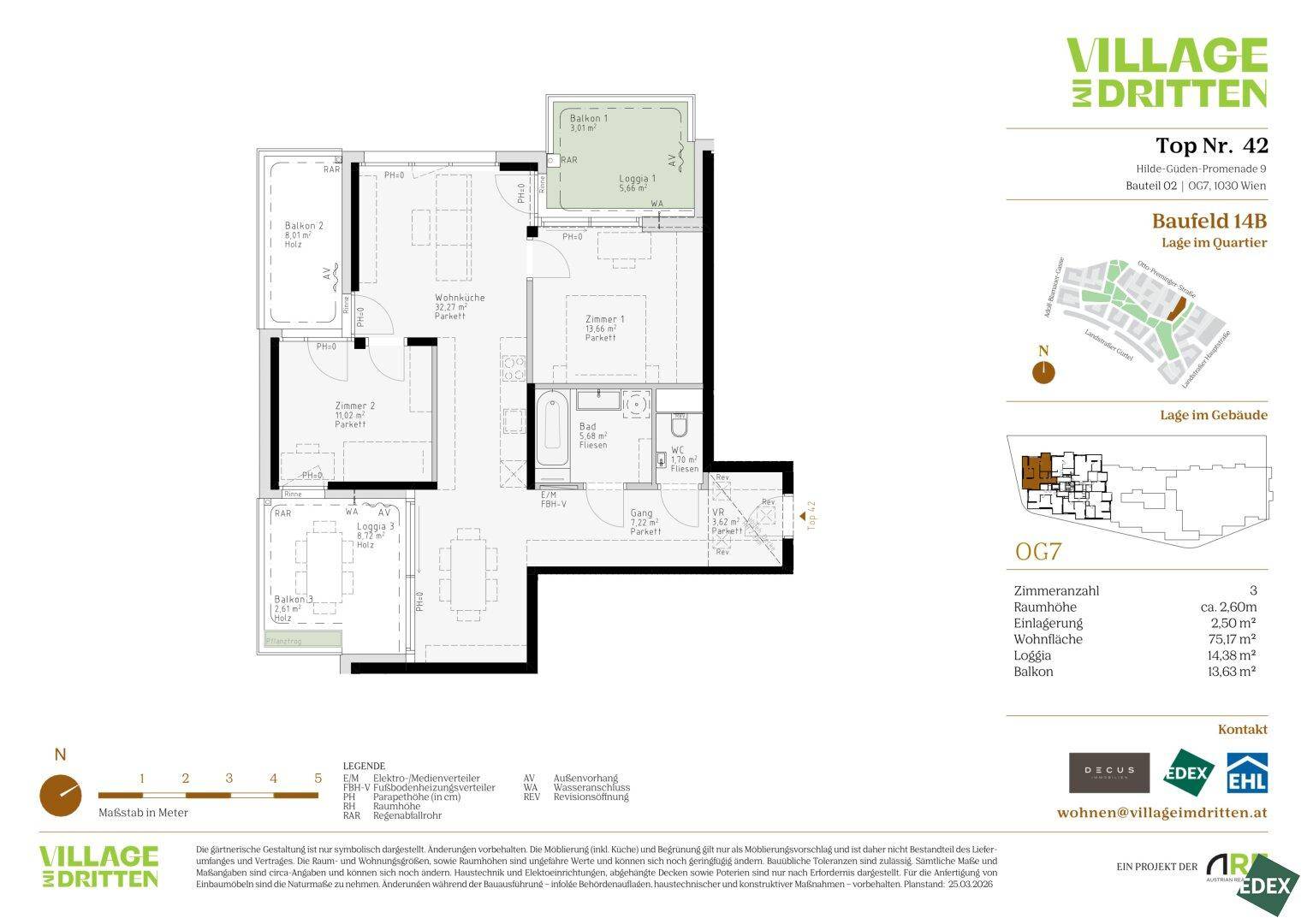 Grundriss einer Wohnung mit offener Wohnküche, drei Zimmern, Bad, separatem WC, Loggia und Balkon.