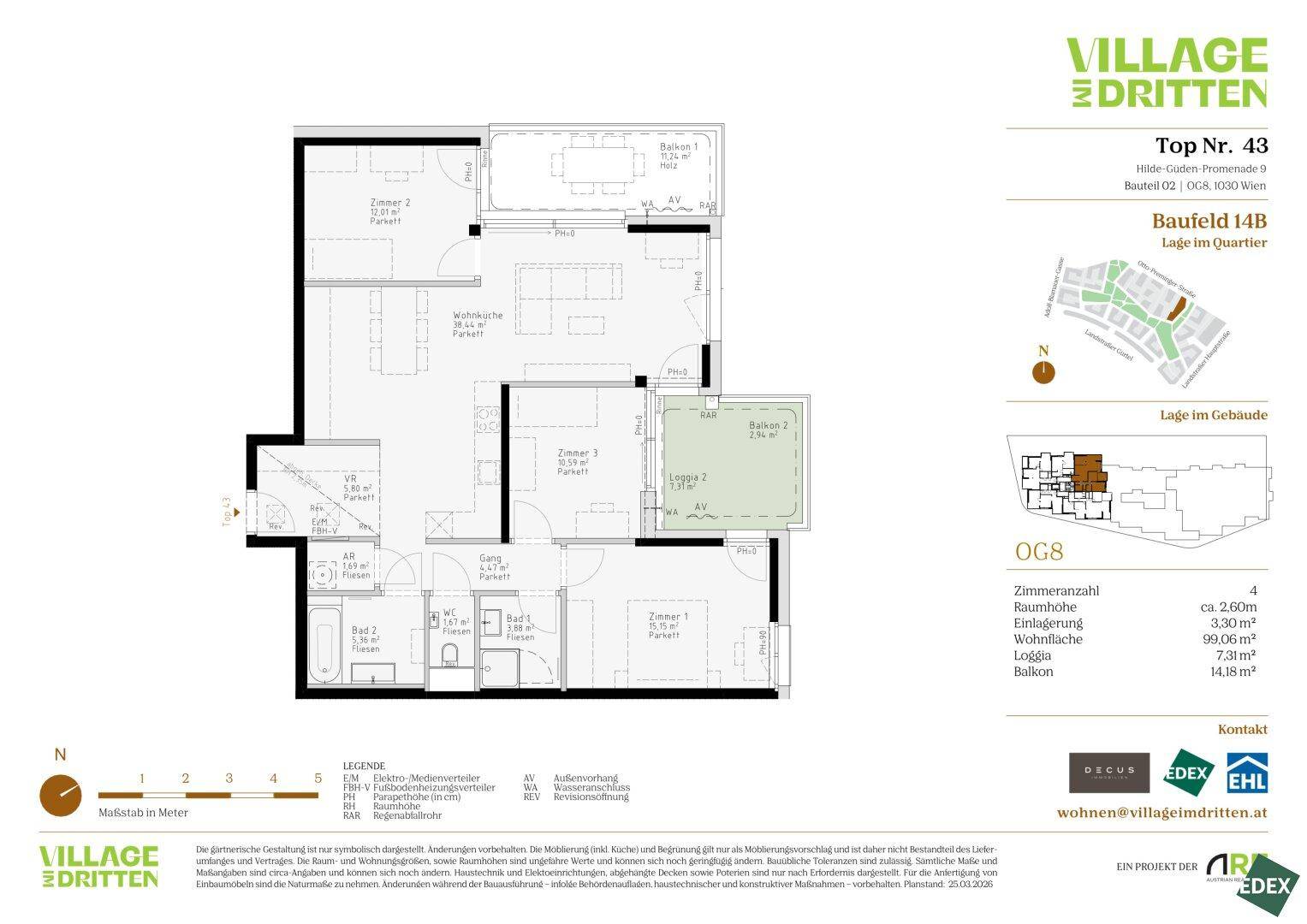 Grundrissplan einer Wohnung mit offener Wohnküche, zwei Bädern, separatem WC, Loggia und zwei Balkonen.