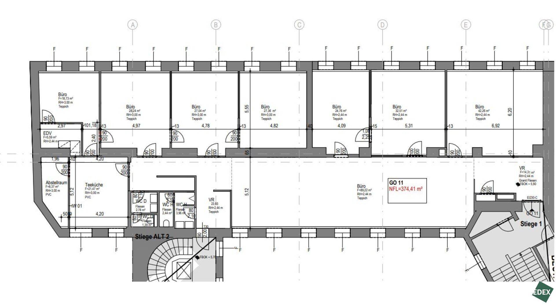 Grundriss des Geschosses mit mehreren Büroräumen und einer Teeküche, Gesamtfläche 374,41 m².