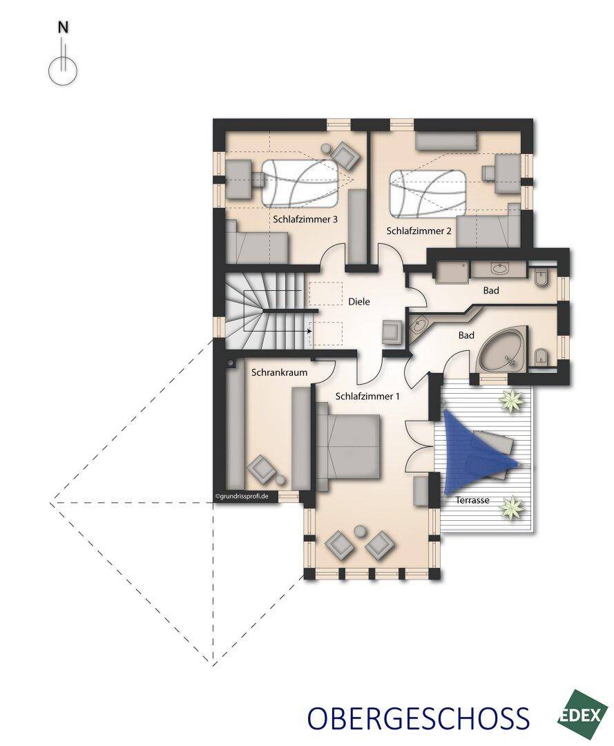 Grundriss des Obergeschosses mit drei Schlafzimmern, zwei Bädern und Balkon.