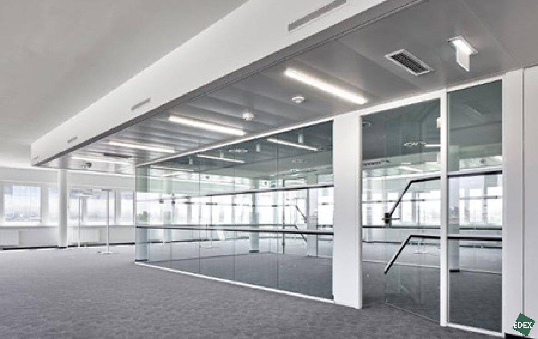Geräumiges Büro mit Glaswänden, die separate Bereiche schaffen, und grauem Teppichboden.