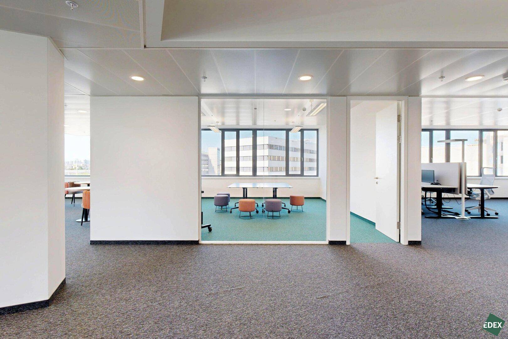 Moderner Bürobereich mit Teppichboden, Glastrennwänden und Blick auf die Stadt.