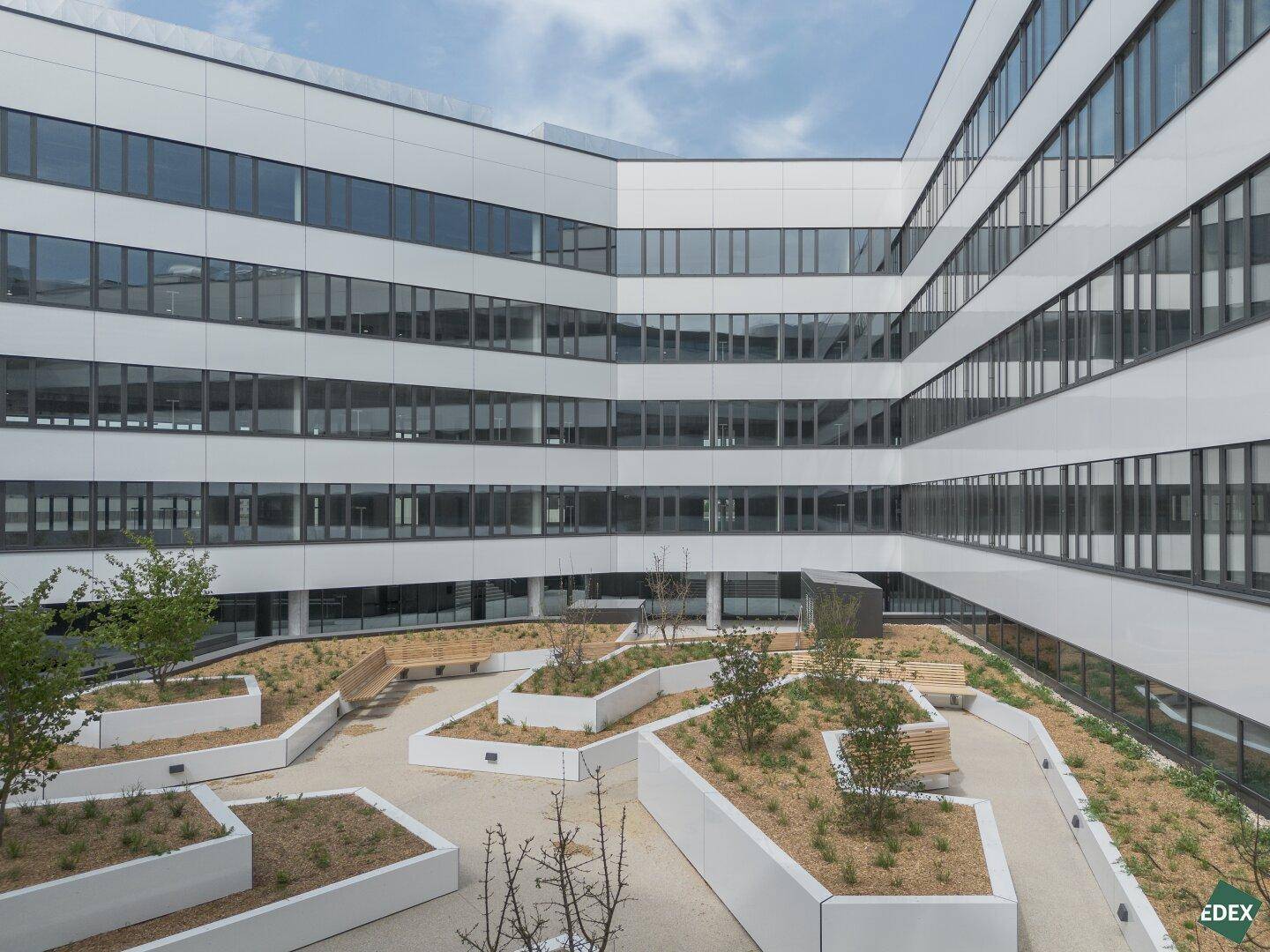 Innenhof eines modernen Bürogebäudes mit strukturierten Grünflächen, Sitzgelegenheiten und weißer Fassade.