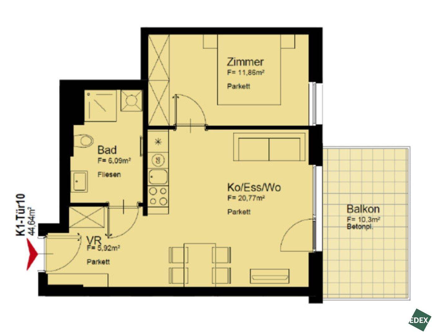 Grundriss einer Wohnung mit einem Schlafzimmer, offenem Wohnbereich und Balkon.