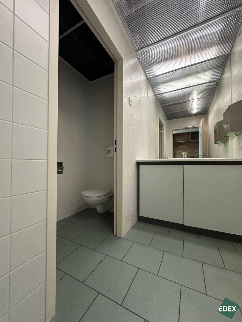 Sauberer, gefliester Waschraum mit mehreren Waschbecken und einem Toilettenbereich.