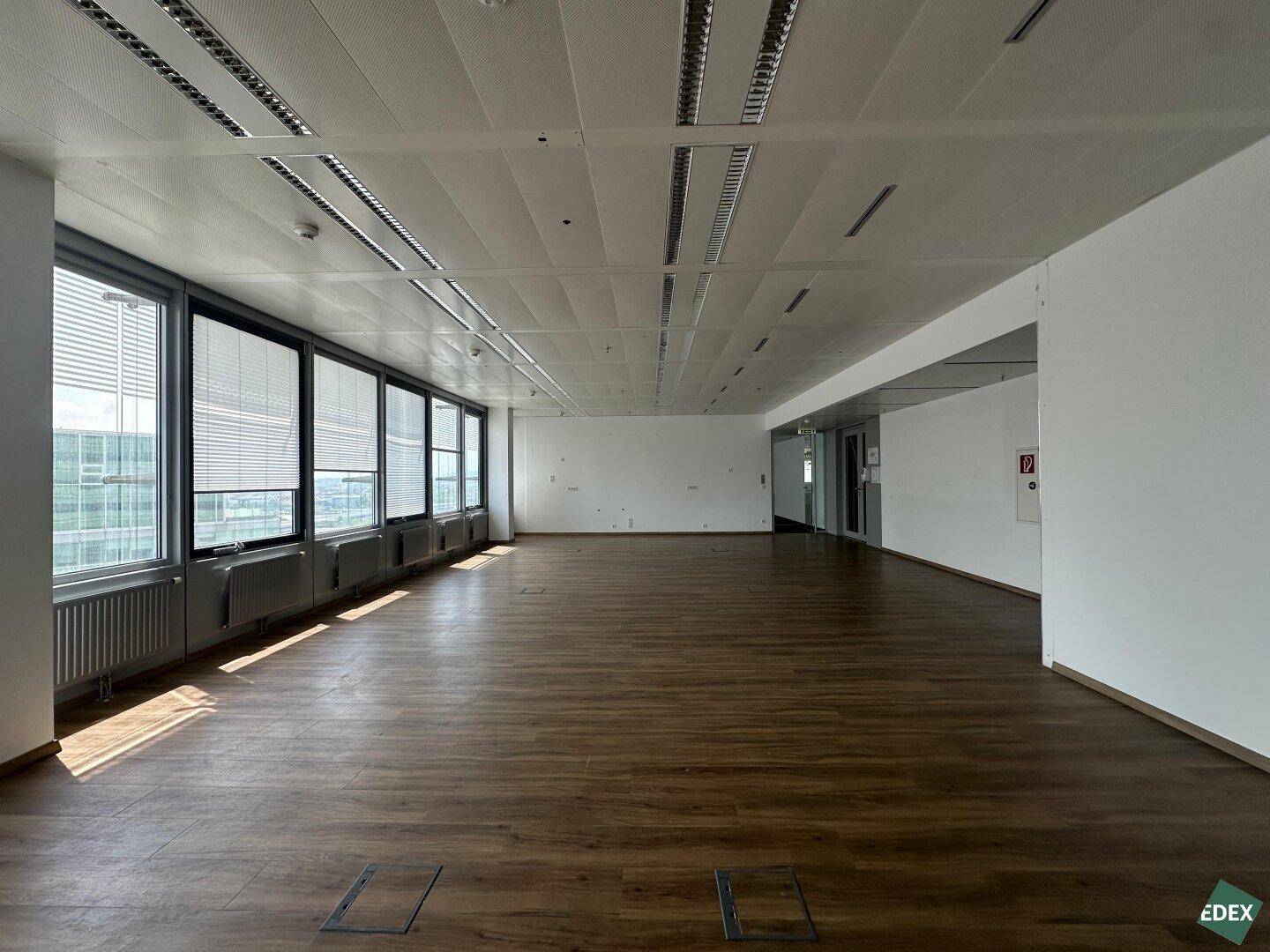 Großes, leeres Büro mit Laminatboden und vielen Fenstern, die für eine helle Arbeitsumgebung sorgen.