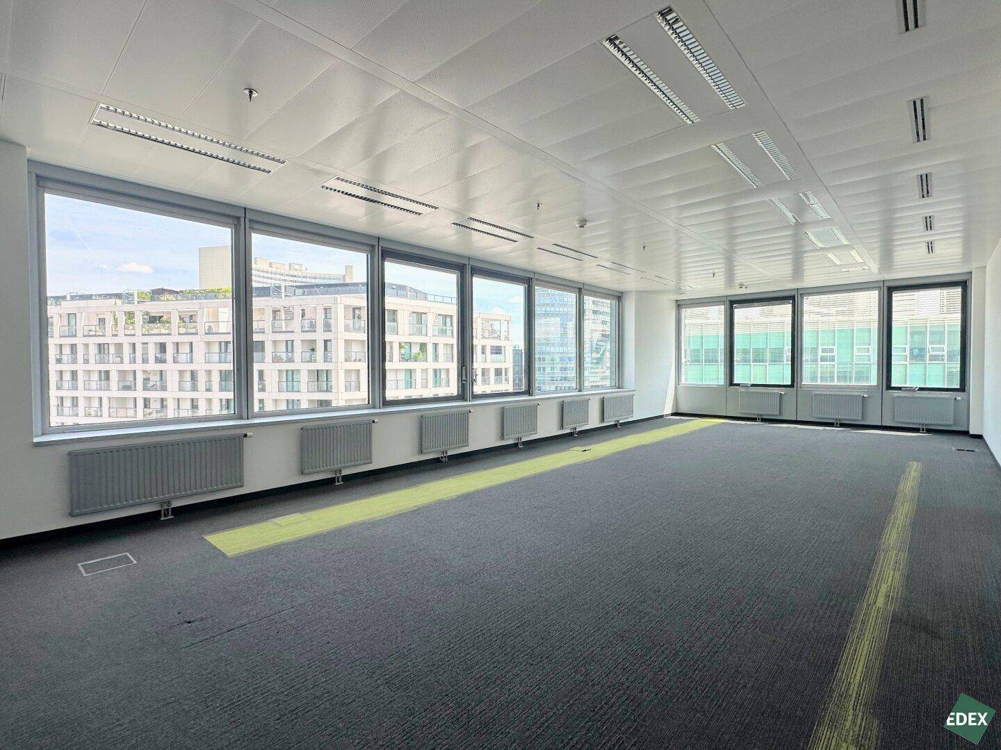 Helles, leeres Büro mit Teppichboden und großen Fenstern, die viel Tageslicht hereinlassen.