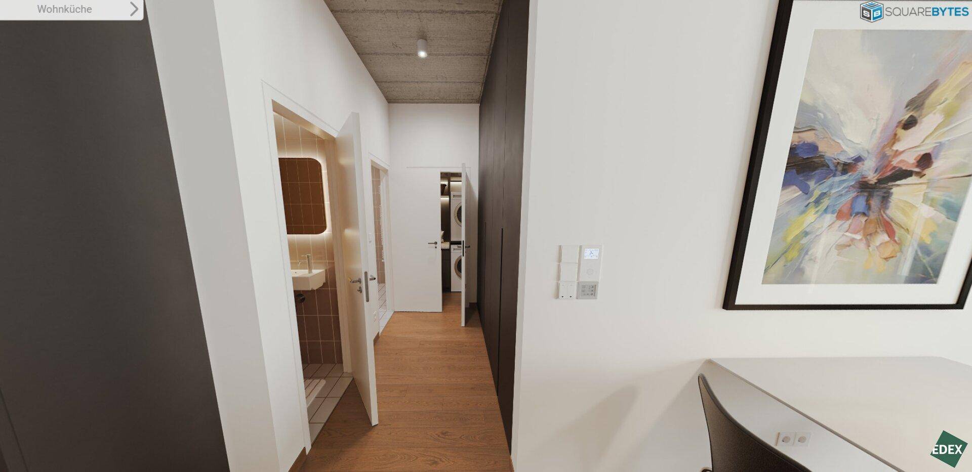 Heller Flur mit Zugang zu Bad und weiteren Räumen, ausgestattet mit Holzboden.
