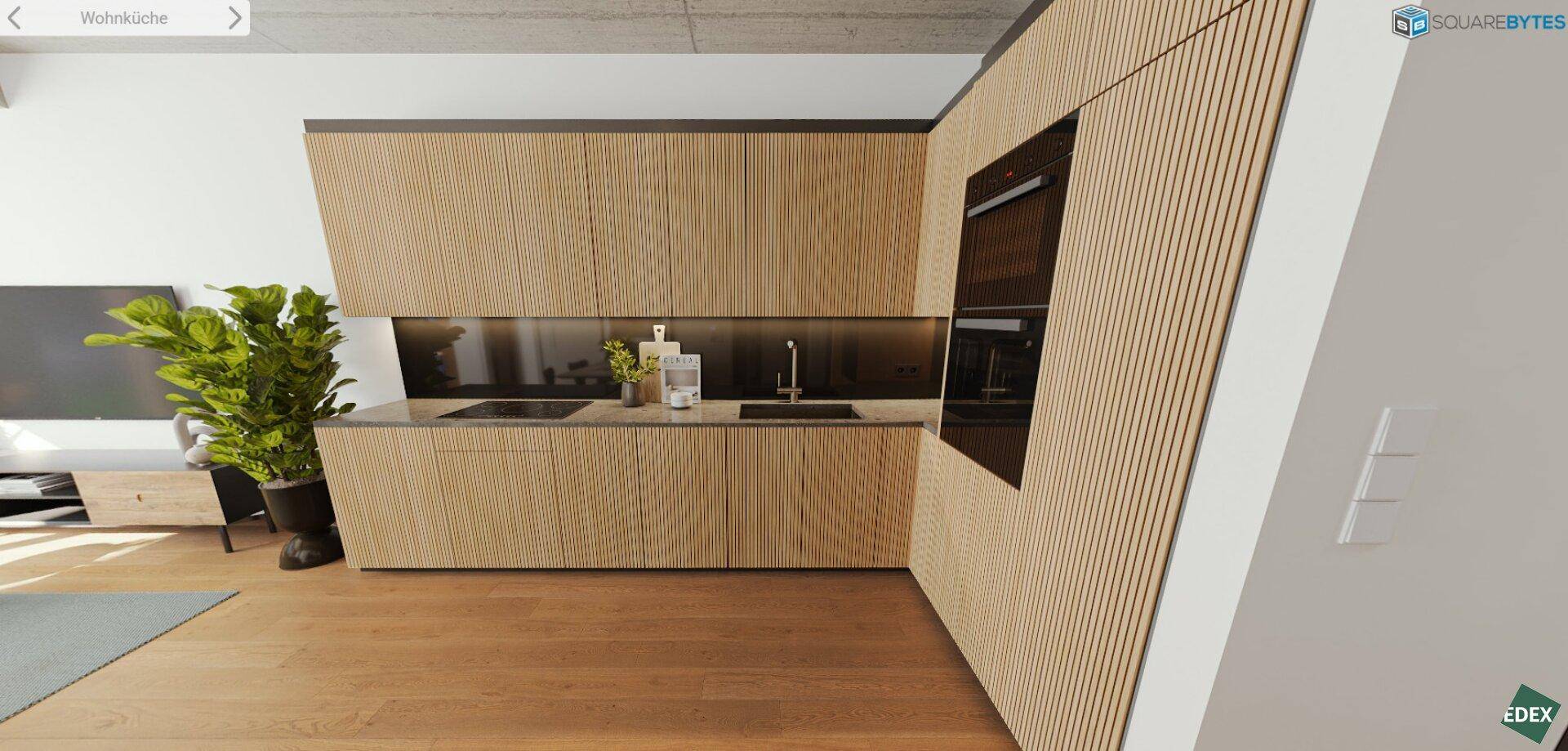 Elegante Einbauküche mit Holzlamellenfronten, integriertem Backofen und dunkler Arbeitsplatte.
