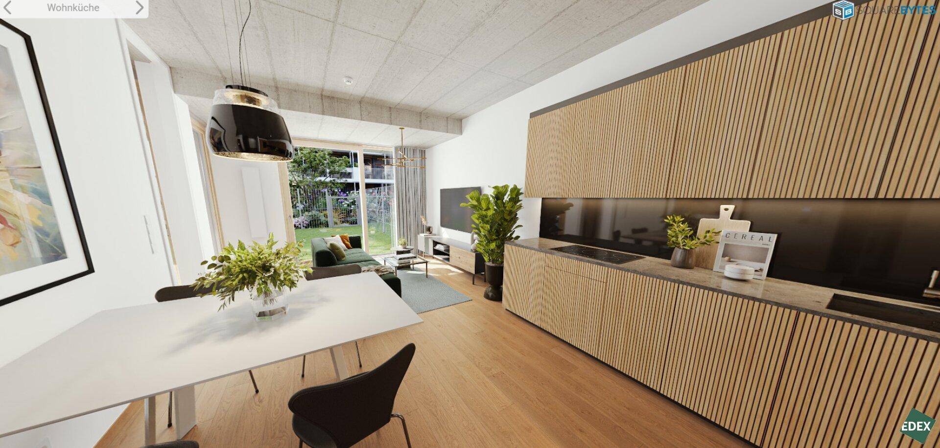 Helle Wohnküche mit modernem Design, Holzelementen und Essbereich für gesellige Stunden.