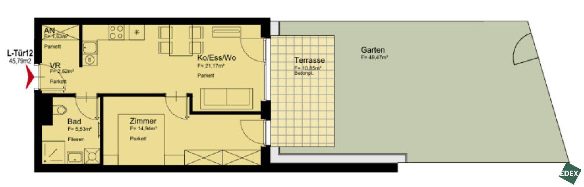 Grundriss einer Wohnung mit offenem Wohnbereich, Schlafzimmer, Bad, Terrasse und Garten.