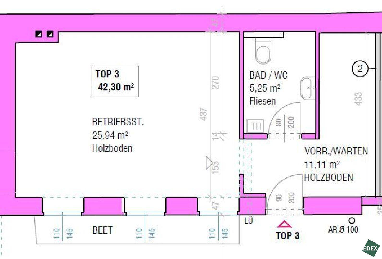 Grundriss für TOP 3 mit 42,30 m² Nutzfläche, inklusive Bad/WC und Vorraum.