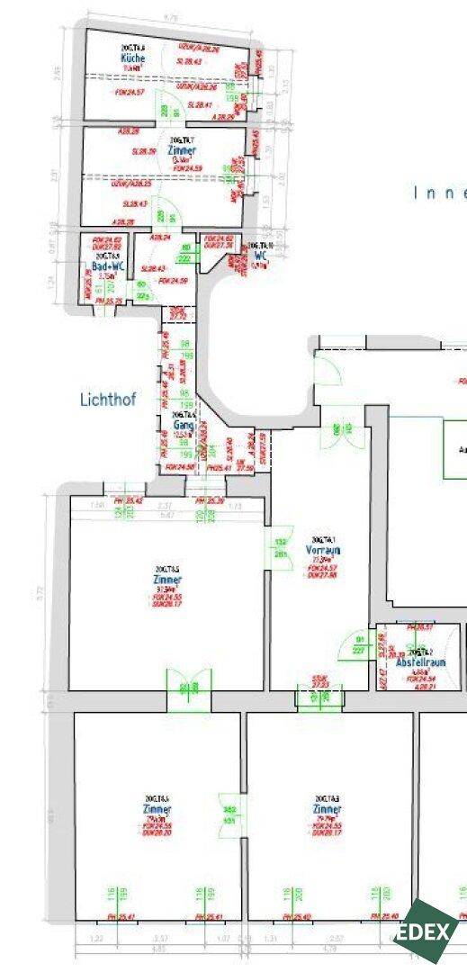 Detaillierter Grundrissplan mit Raumaufteilung und Bemaßungen der Immobilie.