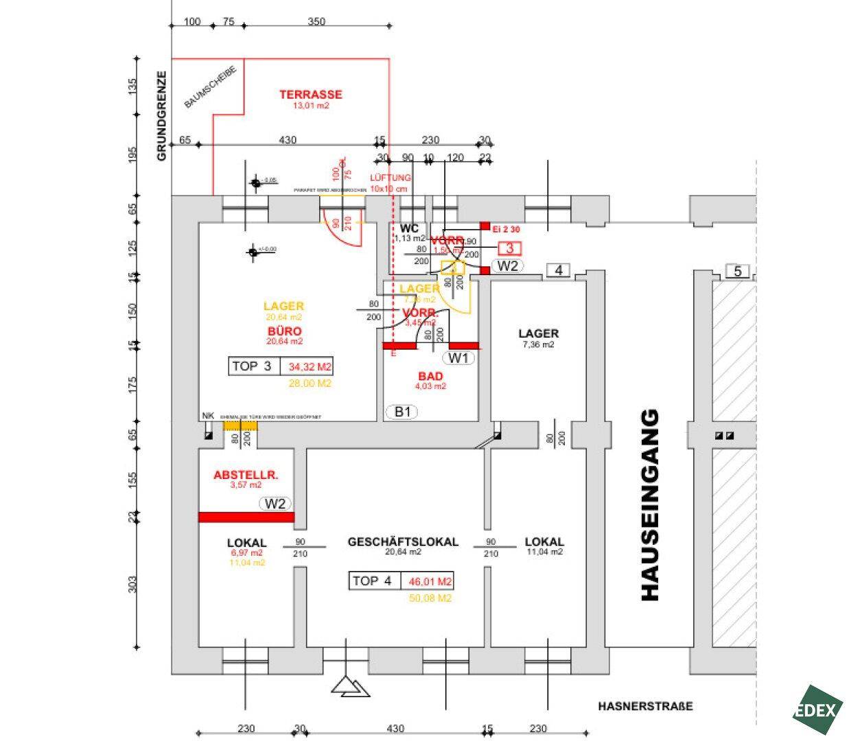 Detaillierter Grundriss einer Gewerbeeinheit mit Büro, Lagerflächen, Bad, WC und einer Terrasse.