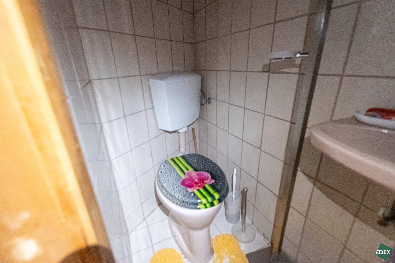 Kleines WC mit Fliesen, Toilette und einem kleinen Waschbecken, einfach eingerichtet.