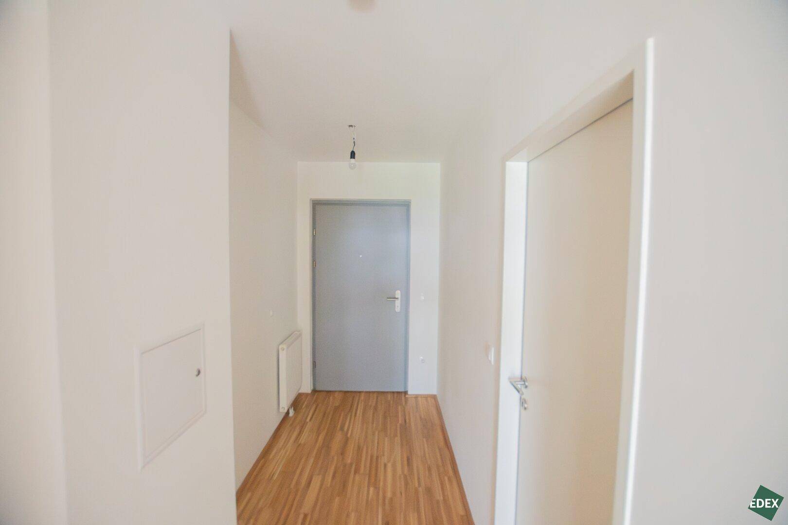 Heller Flur mit Parkettboden und einer modernen Eingangstür.