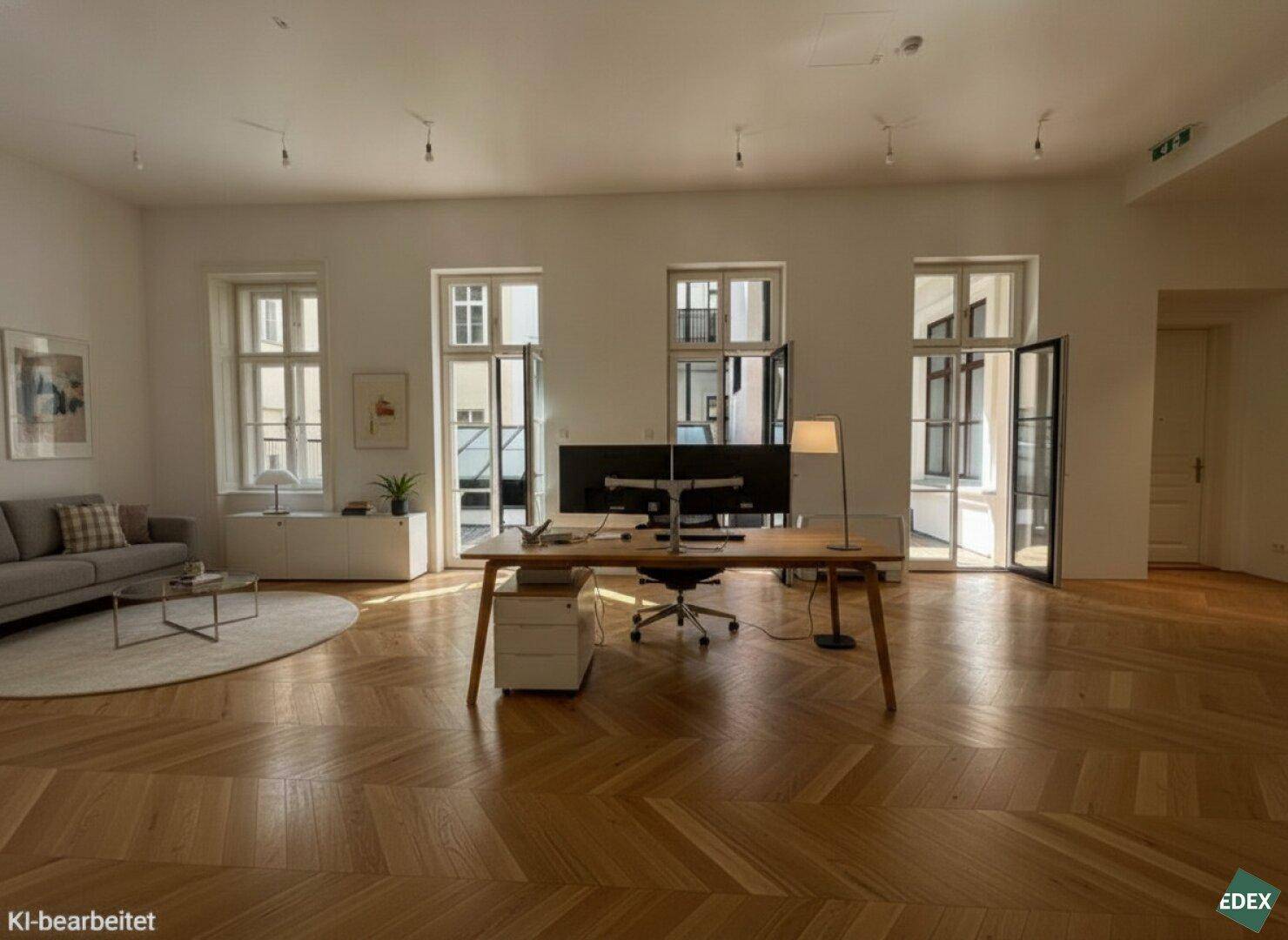 Geräumiges Büro mit Fischgrätparkett, großen Fenstern und modernem Arbeitsplatz sowie einer Sitzecke.