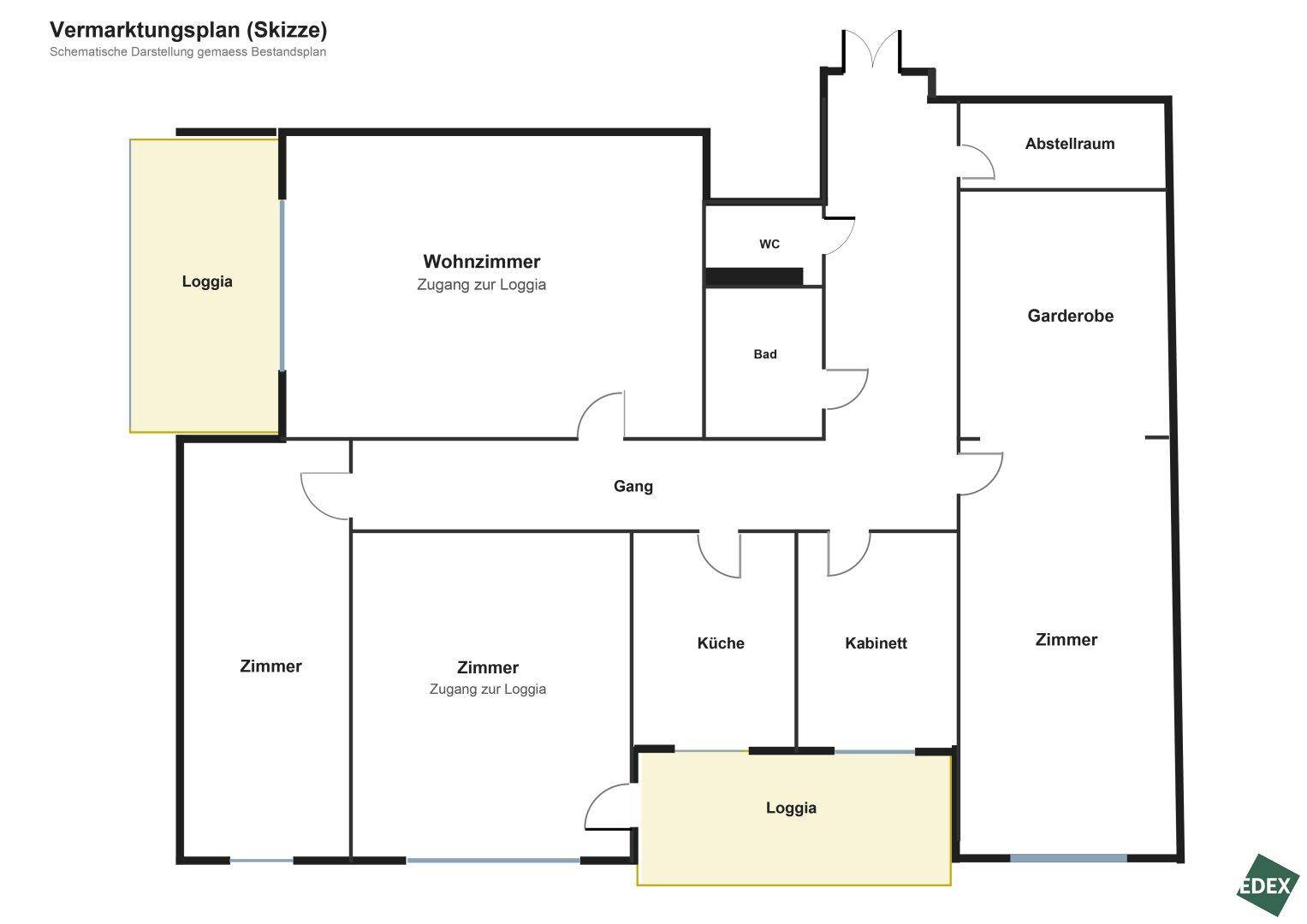 Übersichtlicher Vermarktungsplan einer Wohnung mit Wohnzimmer, Zimmern und zwei Loggien.