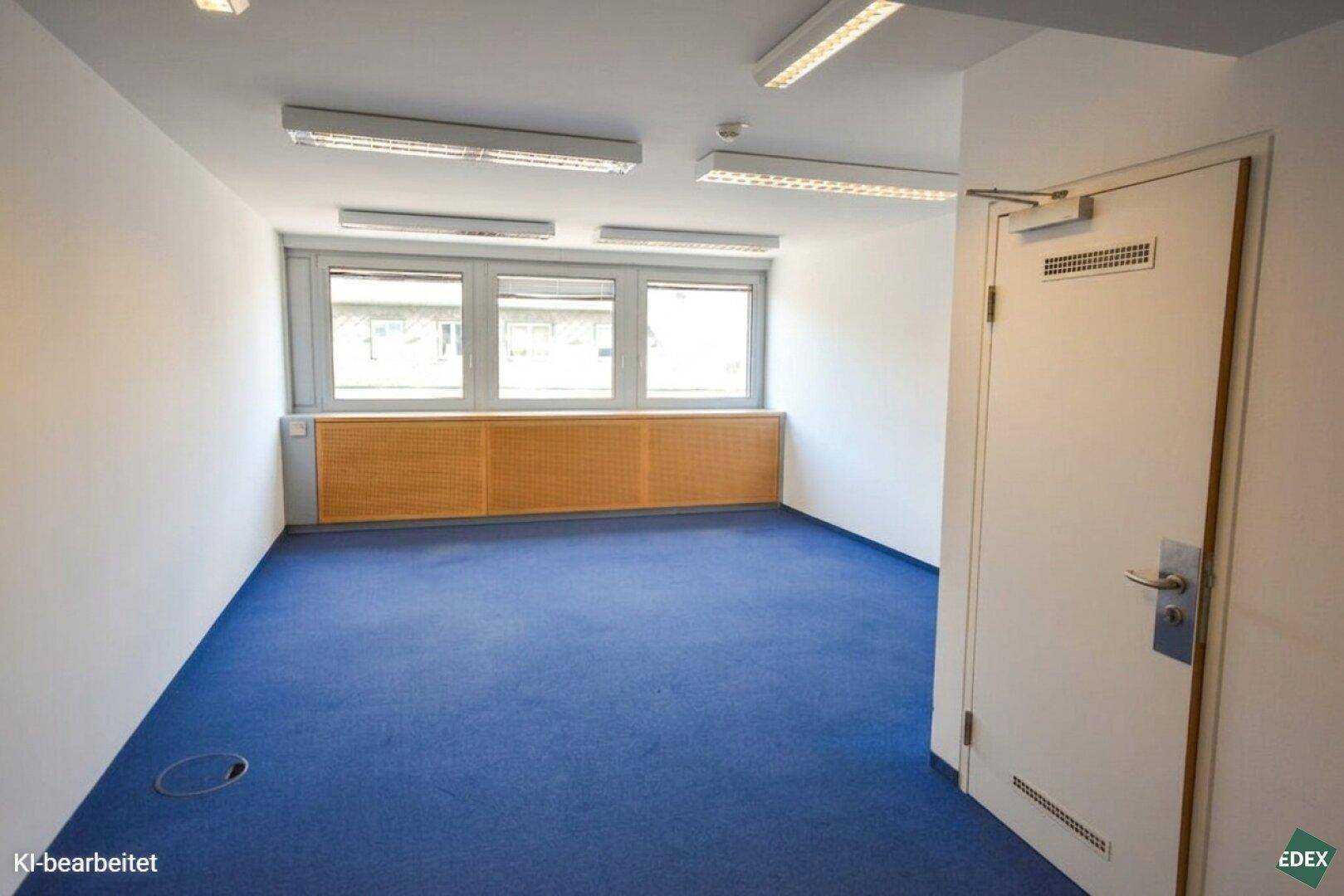 Leeres Büro mit blauer Teppichauslage, Fensterfront und einer modernen Eingangstür.