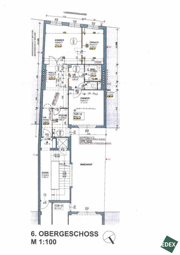 Grundriss des 6. Obergeschosses mit Zimmern, Bad, WC und Innenhof.