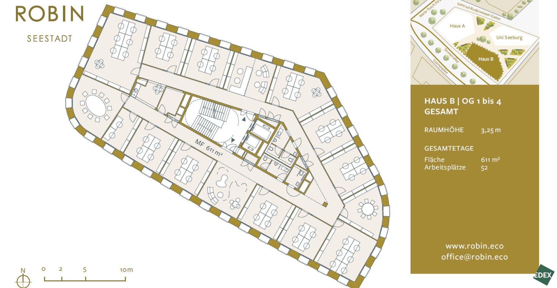 Grundriss eines Bürogebäudes mit mehreren Arbeitsbereichen und einer Gesamtfläche von 611 m².