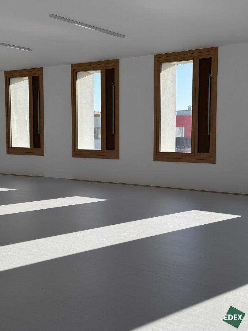 Heller, leerer Büroraum mit drei Holzfenstern und viel natürlichem Lichteinfall auf dem hellen Boden.