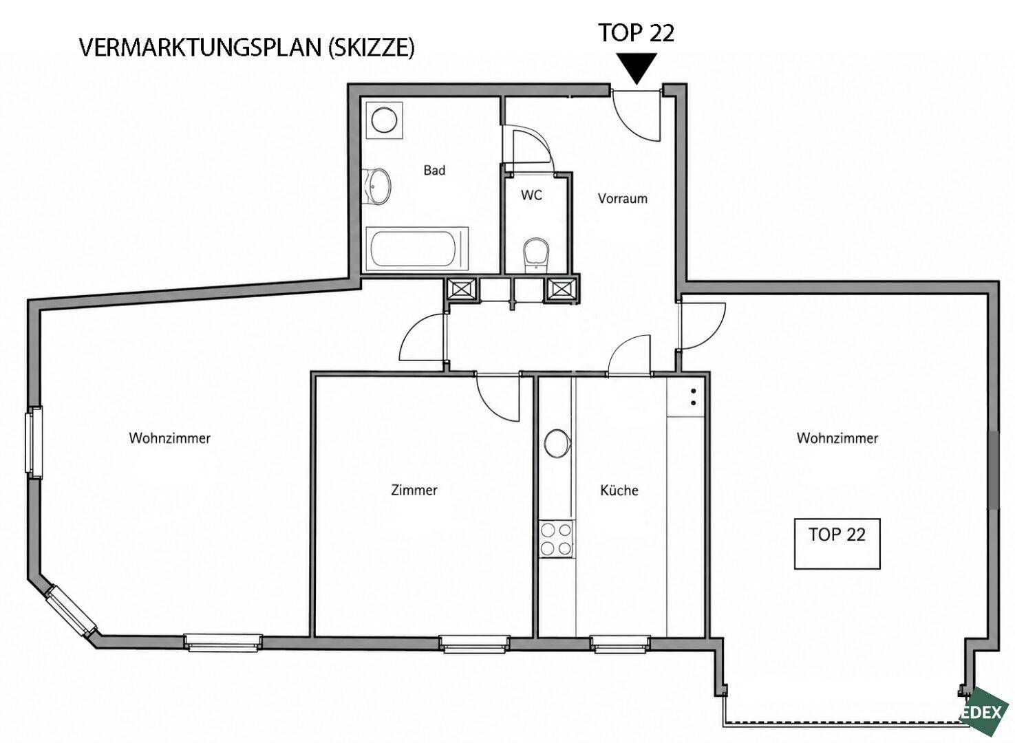 Grundriss einer Wohnung mit separater Küche, Bad, Gäste-WC und mehreren Zimmern.