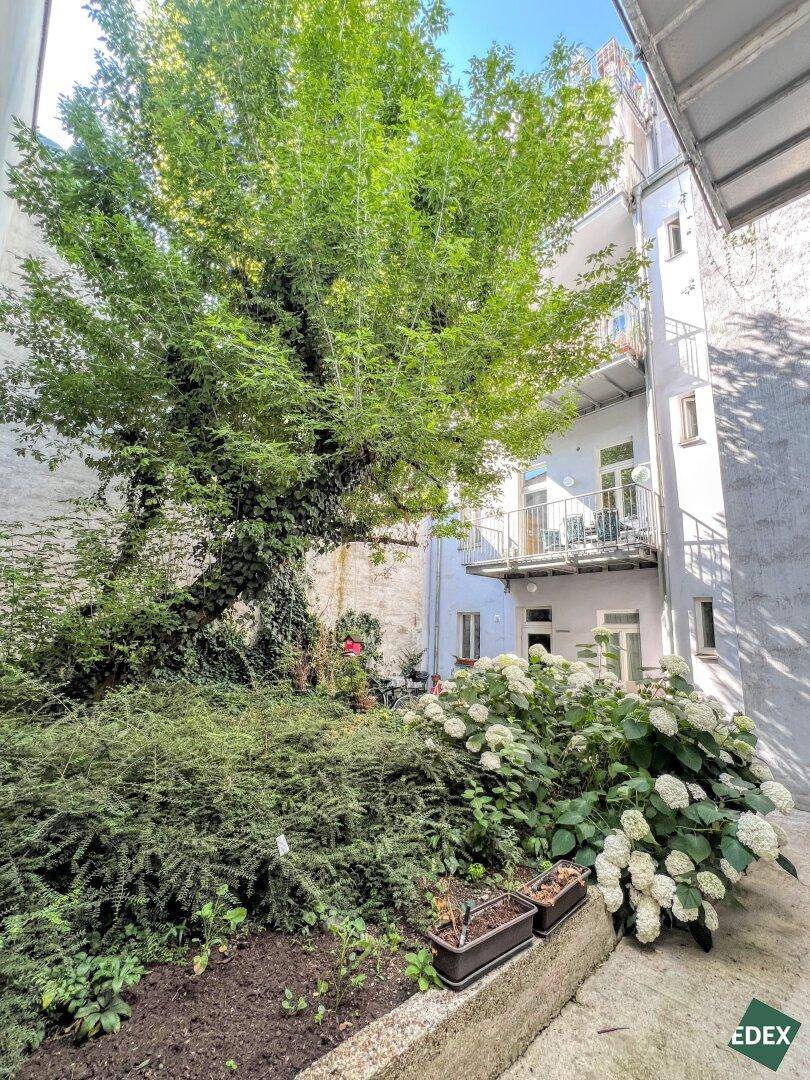 Grüner Innenhofgarten mit großem Baum, blühenden Sträuchern und Balkonen im Hintergrund.
