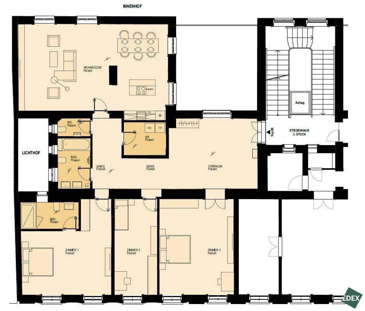 Grundriss einer Wohnung mit mehreren Zimmern, offenem Wohnbereich und Zugang zu Loggia und Lichthof.