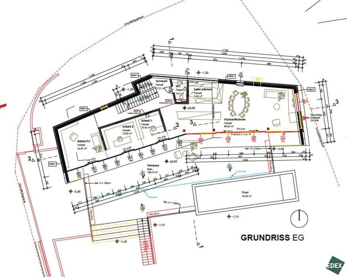 Grundriss des Erdgeschosses mit Wohnbereich, Küche, Terrasse und Pool.
