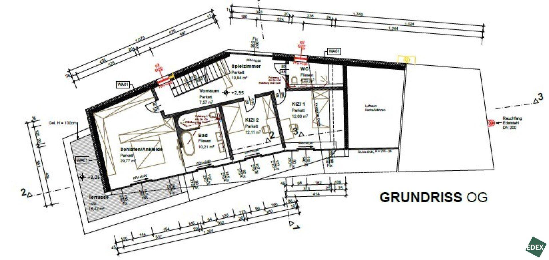 Grundriss des Obergeschosses mit Schlafzimmern, Bädern und Balkonzugang.