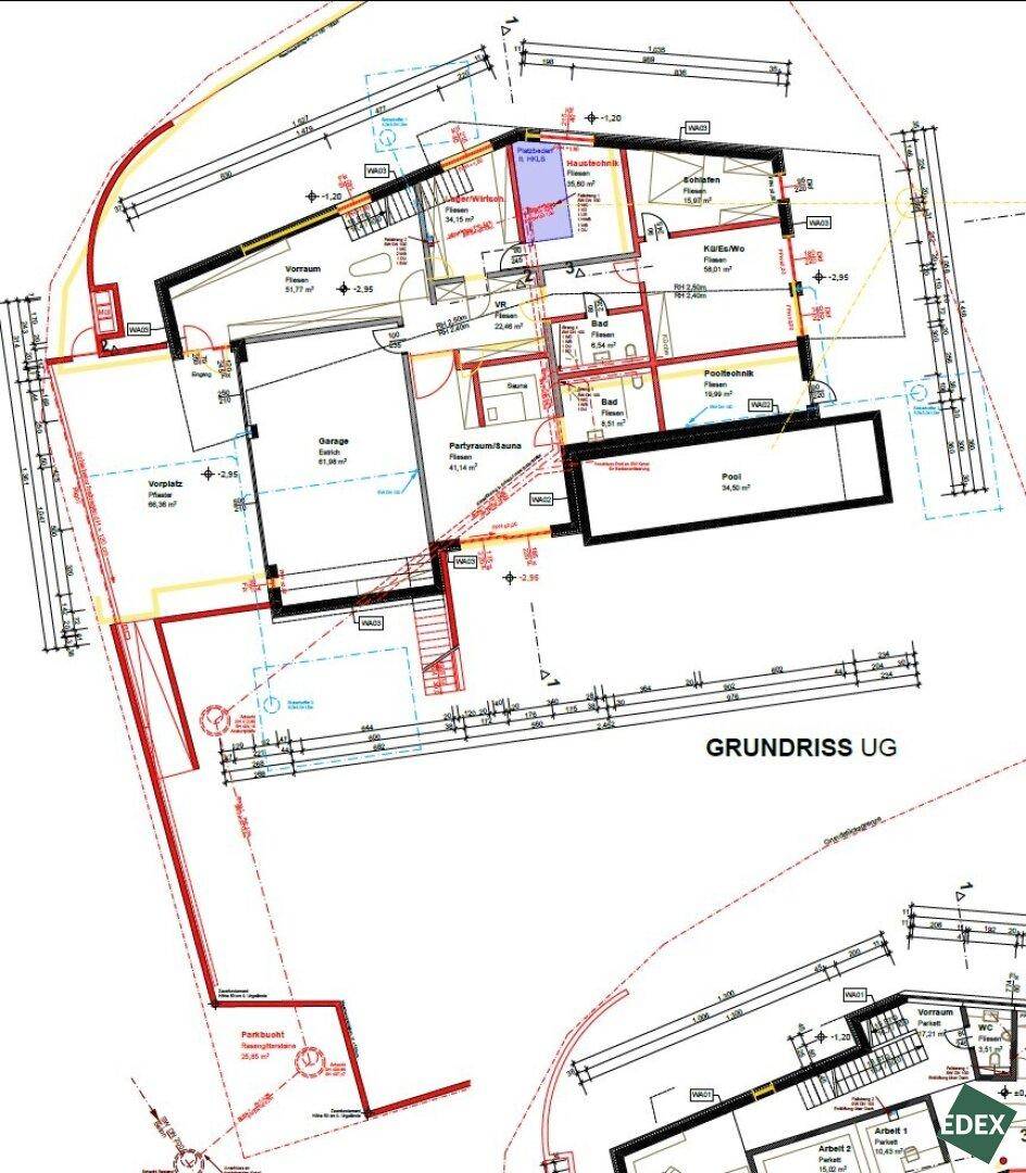Grundriss des Untergeschosses mit Sauna, Technikraum und weiteren Räumen.