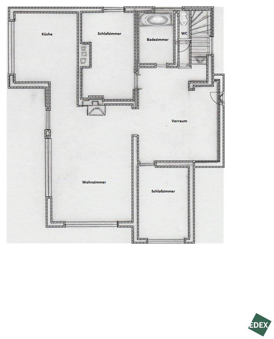 Grundrissplan mit Aufteilung in Küche, Wohnzimmer, Schlafzimmer und Badezimmer.