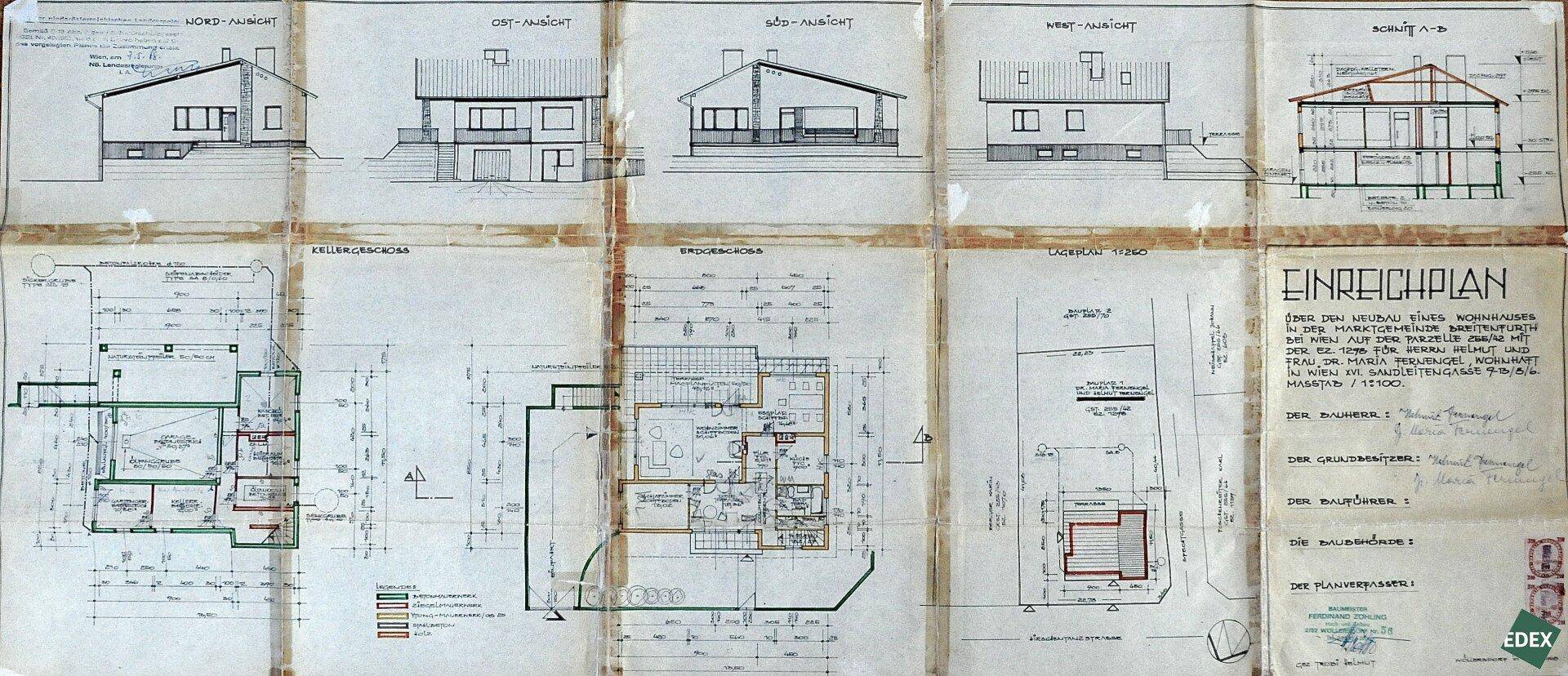 Sammlung von architektonischen Zeichnungen, einschließlich Grundrissen und Ansichten des Gebäudes.