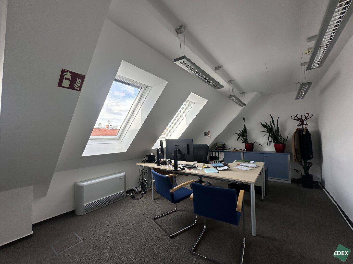 Ruhiger Bürobereich mit Arbeitsplatz, Pflanzen und Dachfenstern, die eine angenehme Atmosphäre schaffen.