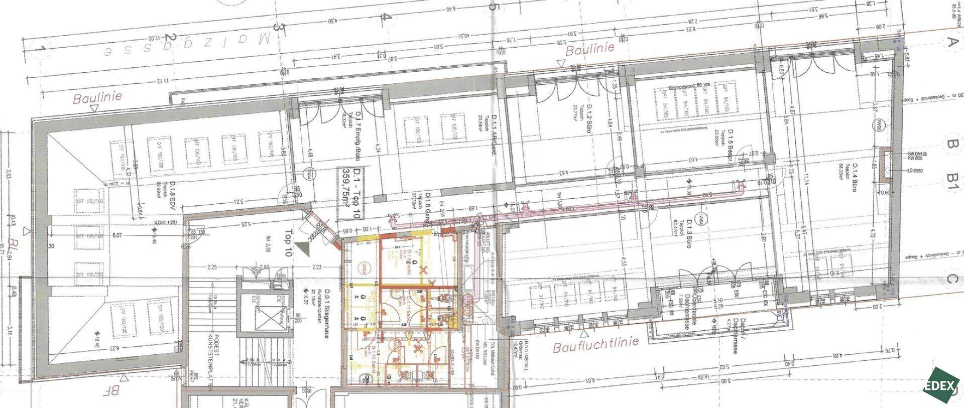 Detaillierter Grundriss eines Gebäudes mit verschiedenen Räumen und Maßen.