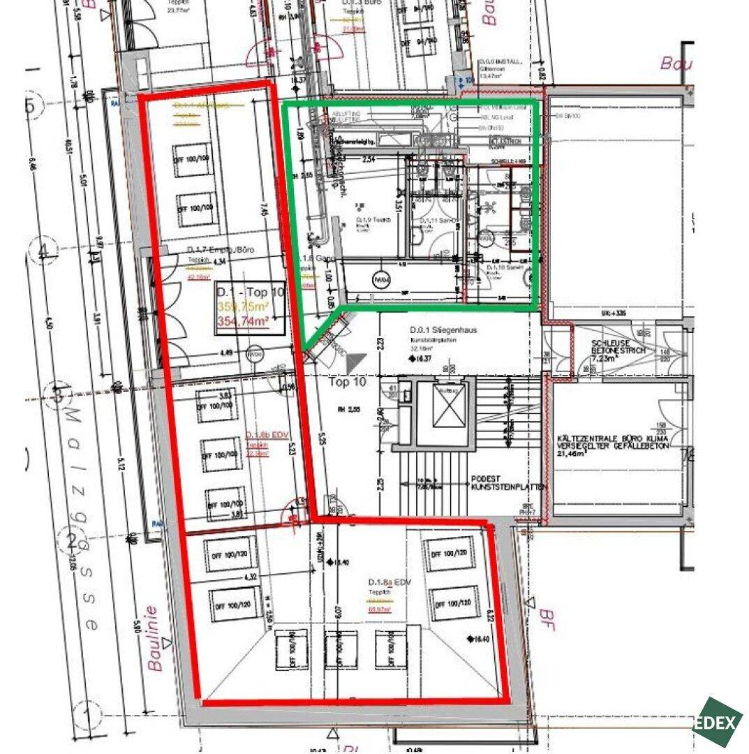 Detaillierter Grundriss mit markierten Bereichen und Maßangaben für die Raumaufteilung.