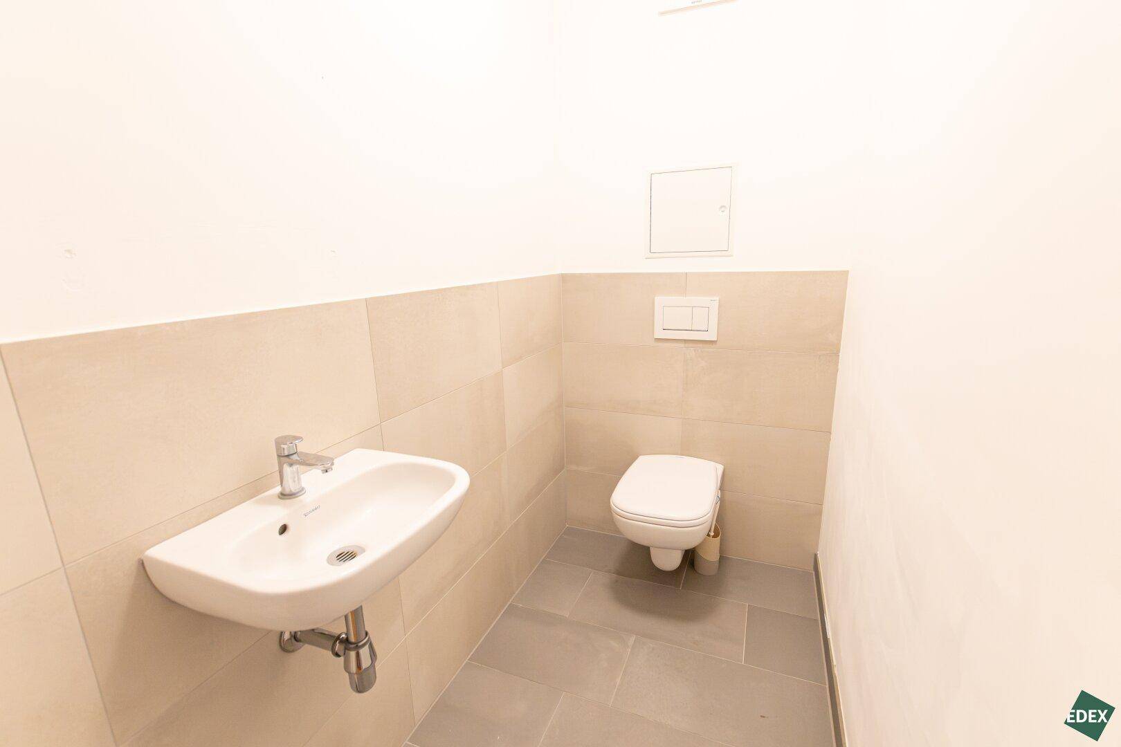 Separates Gäste-WC mit Wand-WC, kleinem Waschbecken und modernen Fliesen.
