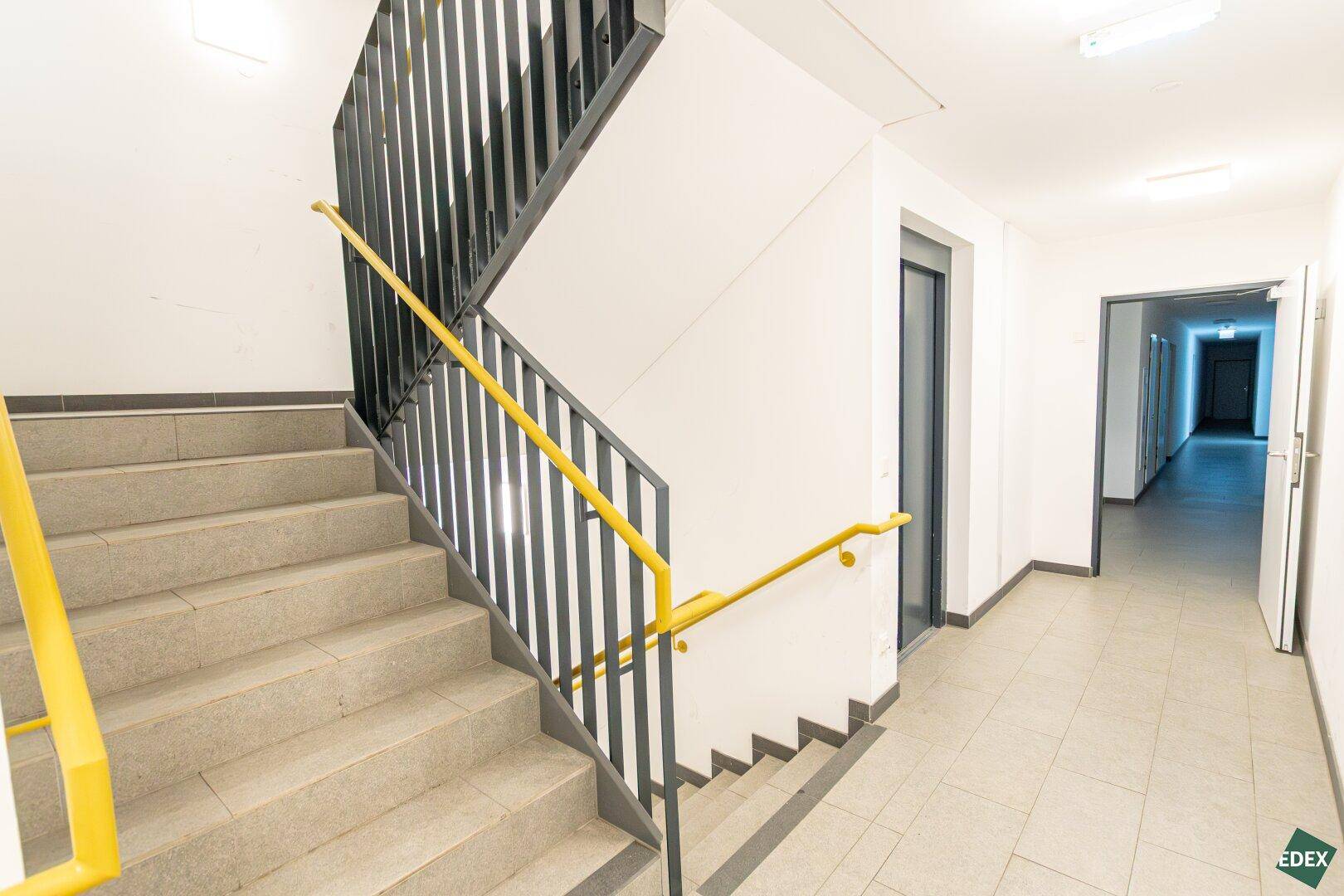 Treppenhaus mit modernem Geländer und integriertem Aufzug, verbindet die verschiedenen Etagen.