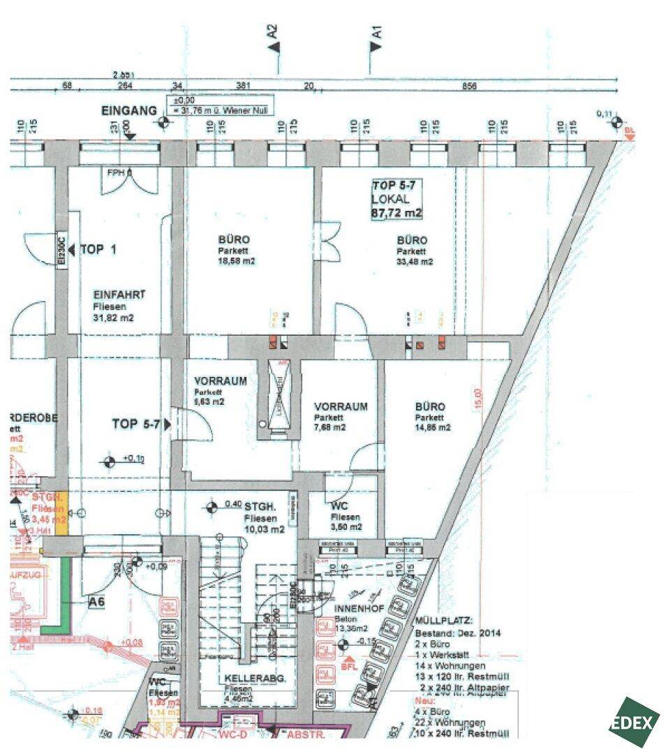 Grundrissplan für Büros und Wohnungen mit Flächenangaben und verschiedenen Bereichen.